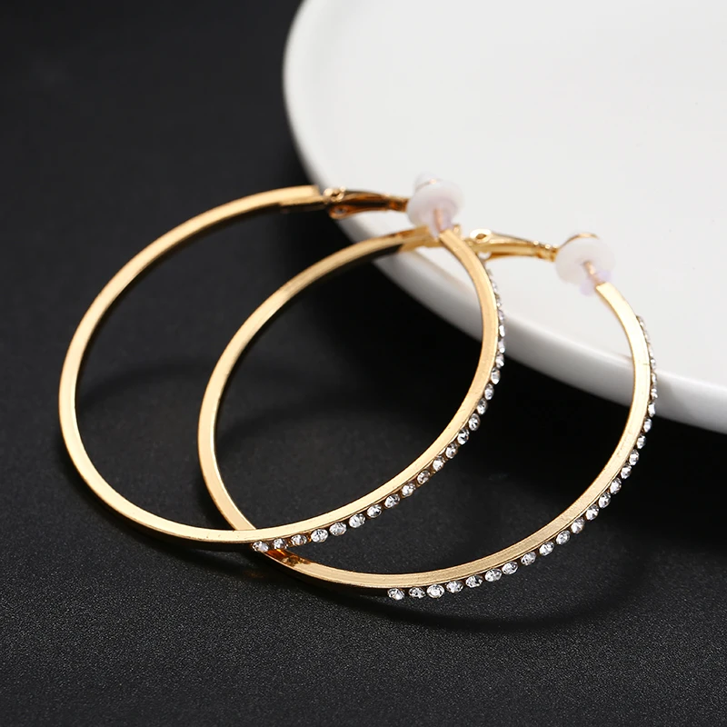 gold Модные большие серьги-клипсы, стразы, круглые серьги, без пирсинга, золотой, серебряный цвет, клипсы для ушей для женщин, вечерние - Окраска металла: gold