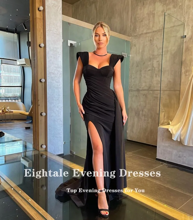 black evening dresses Eightale Black Evening Dresse Sweetheart Cap Sleeves High Side Split Long Arabic Prom Gown Mother Celebrity Party Dress long sleeve formal dresses