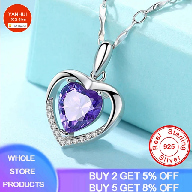 YANHUI Silver 925 Necklace Women Girlfriend Wife Gift Jewelry Love Heart Zircon Crystal Pendant Necklace GN9 Purple