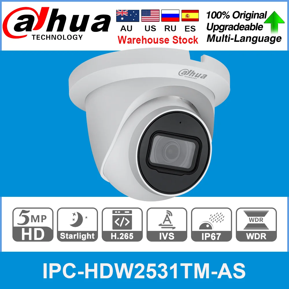 Original Dahua IPC-HDW2531TM-AS 5MP POE Built-in Mic SD Card Slot H.265+ 30M IR IVS WDR Onvif IP67 Starlight Eyeball IP Camera