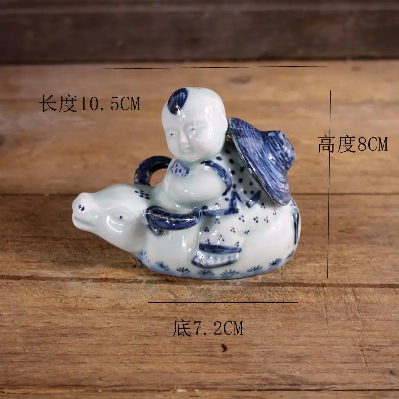 Jingdezhen Porcellana Qing Dyansty Dipinto A Mano Blu E Bianco Ragazzo In Sella A Una Statua Di Toro
