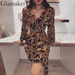 Glamaker/коричневый Бандаж с v-образным вырезом, узкое платье с принтом, сексуальное винтажное Короткое облегающее платье для ночного клуба