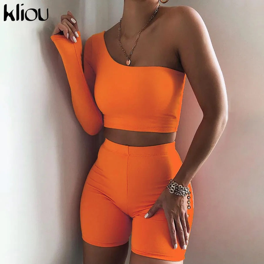 Kliou Solid Asymmetrical Two Piece Sets Women Tracksuit Crop Tops+Elastic Bike Shorts Sporty Matching Suits Casual Female Outfit