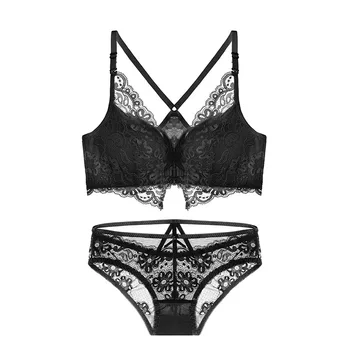 

Sexy Lace Push Up Bra Sets Bra+Panties Wire Free Bra Floral Briefs Underwear Triangle Cup Bra Set Front Closure Bralette