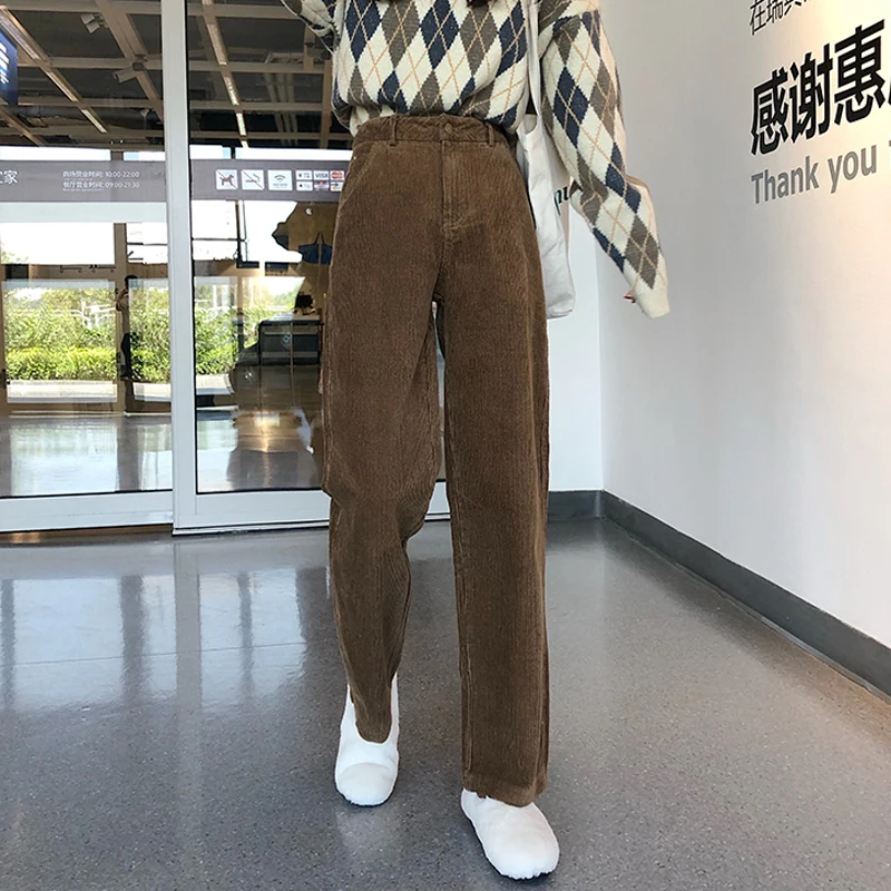 BGTEEVER Vintage High Waist Straight Pants Women Casual Winter Corduroy Pants Female Wide Leg Trousers Women pantalon femme