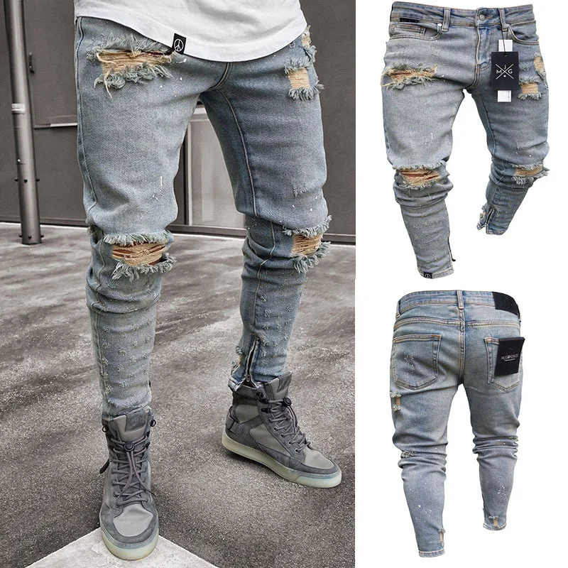 Men's Clothing Pleated Jeans Fashionable Street Style Skinny Trousers Slim Nostalgic Elastic Hollow Pants
