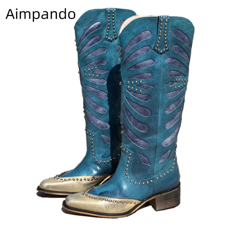 

Unique Fretwork Boots Women Square Toe Decor Rivets Bottes Chic Patchwork Botas Chunky Square Heel Fall Winter Boots Feminine
