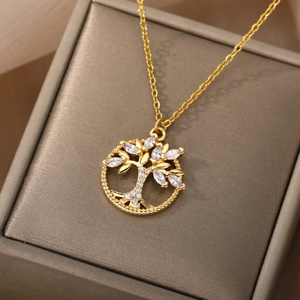 Zircon Tree of Life Pendant Necklaces Stainless Steel Chain