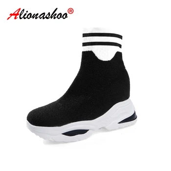 

Women's Sock Boots Autumn Shoes Woman Sneakers Shoes Rubber Slip-on Elastic Knitting Boots women Black Large Size 34-40
