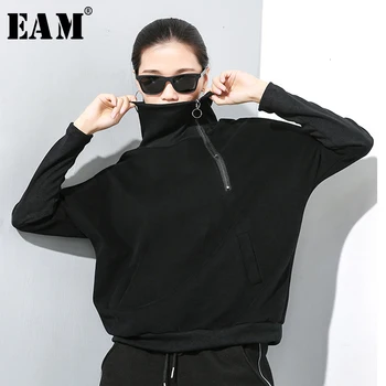 

[EAM] Women Black Zipper Split Big Size Loose T-shirt New High Collar Long Sleeve Fashion Tide Spring Autumn 2020 19A-a251