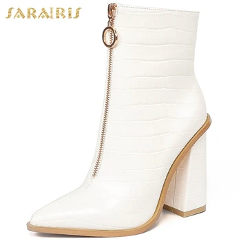 

Sarairis 2020 New Arrivals Pointed Toe Shoes Woman Boots Female Large Size 43 Chunky High Heels Zip Up Ankle Boots Ladies