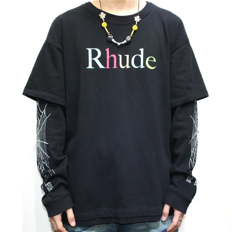 RHUDE футболки для мужчин и женщин с длинным рукавом Rhude футболка в винтажном стиле с принтом в виде паутинной паутинки
