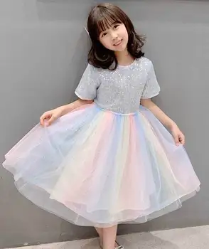 

2020 Spring Summer Bling Sequin Rainbow Girl Dress Sweet Princess Short Sleeve Girl's Party Dress LD2061