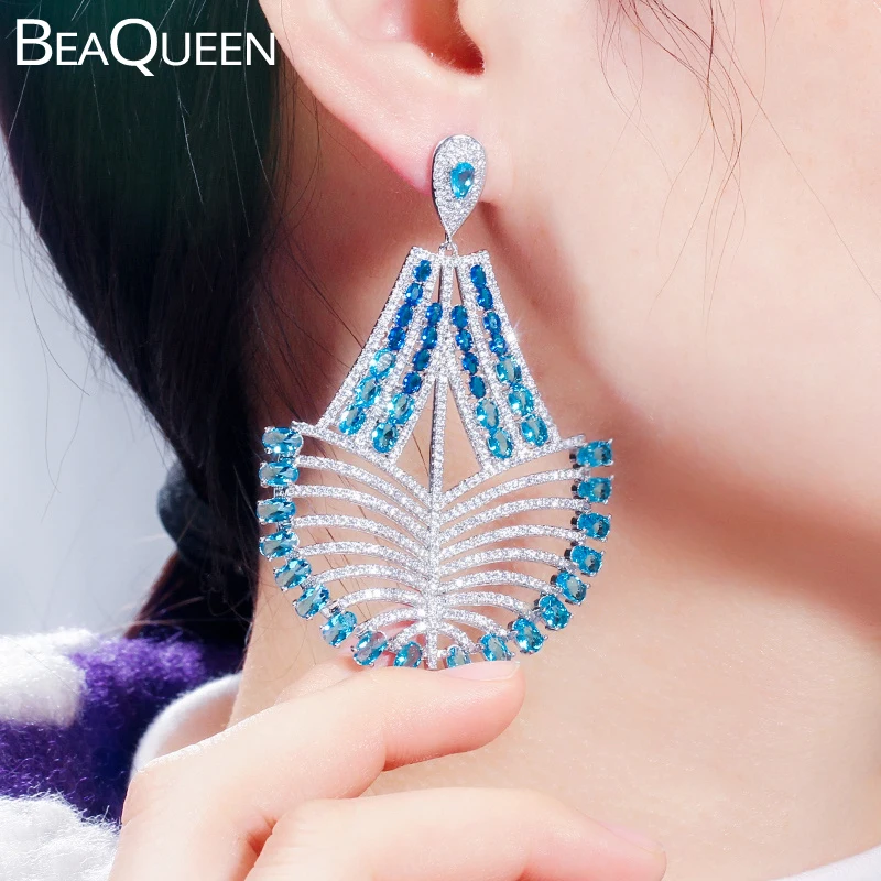 BeaQueen Необычные градиентные синие кубические циркония вымощенные длинные большие массивные свадебные серьги для женщин Стерлинговое Серебро 925 ювелирные изделия E349