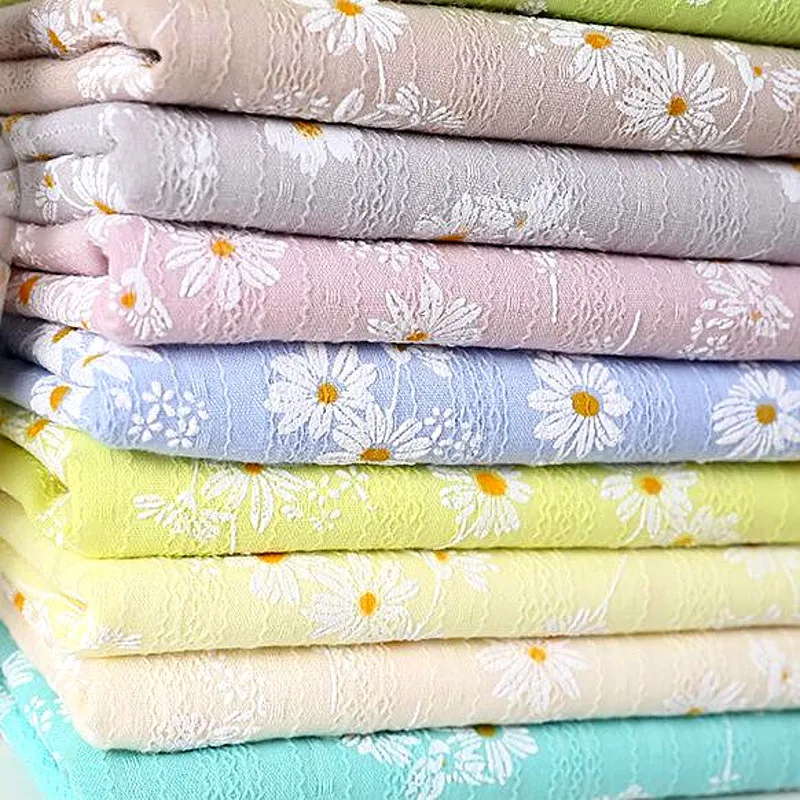 Soft Stripe Jacquard Fabric Daisy Flower Printed Cotton for Women Dress Shirts Cloth White Blue Pink Apricot by the Yard | Дом и сад