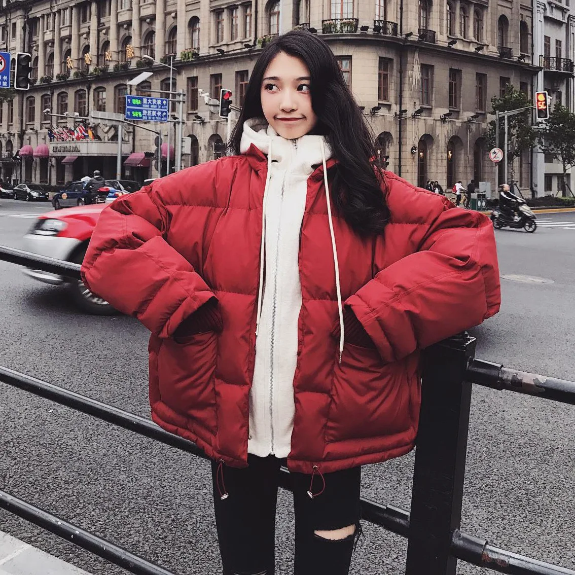 

Photo Shoot Funny Mock Two-Piece Hooded BF down Coat Women's CHIC Wine Loose Thick Short Cotton Overcoat Winter