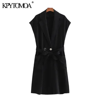 

KPYTOMOA Women 2020 Fashion Office Wear Double Breasted With Belt Waistcoat Vintage Sleeveless Female Vest Outerwear Chic Tops
