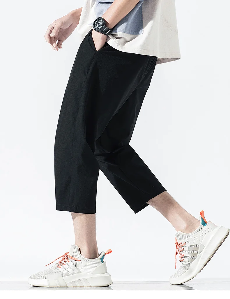 Summer Hot Selling Youth Quick-Dry Capri Pants MEN'S Casual Pants Loose Elasticity Breeches Solid Color Korean-style Cropped Pan