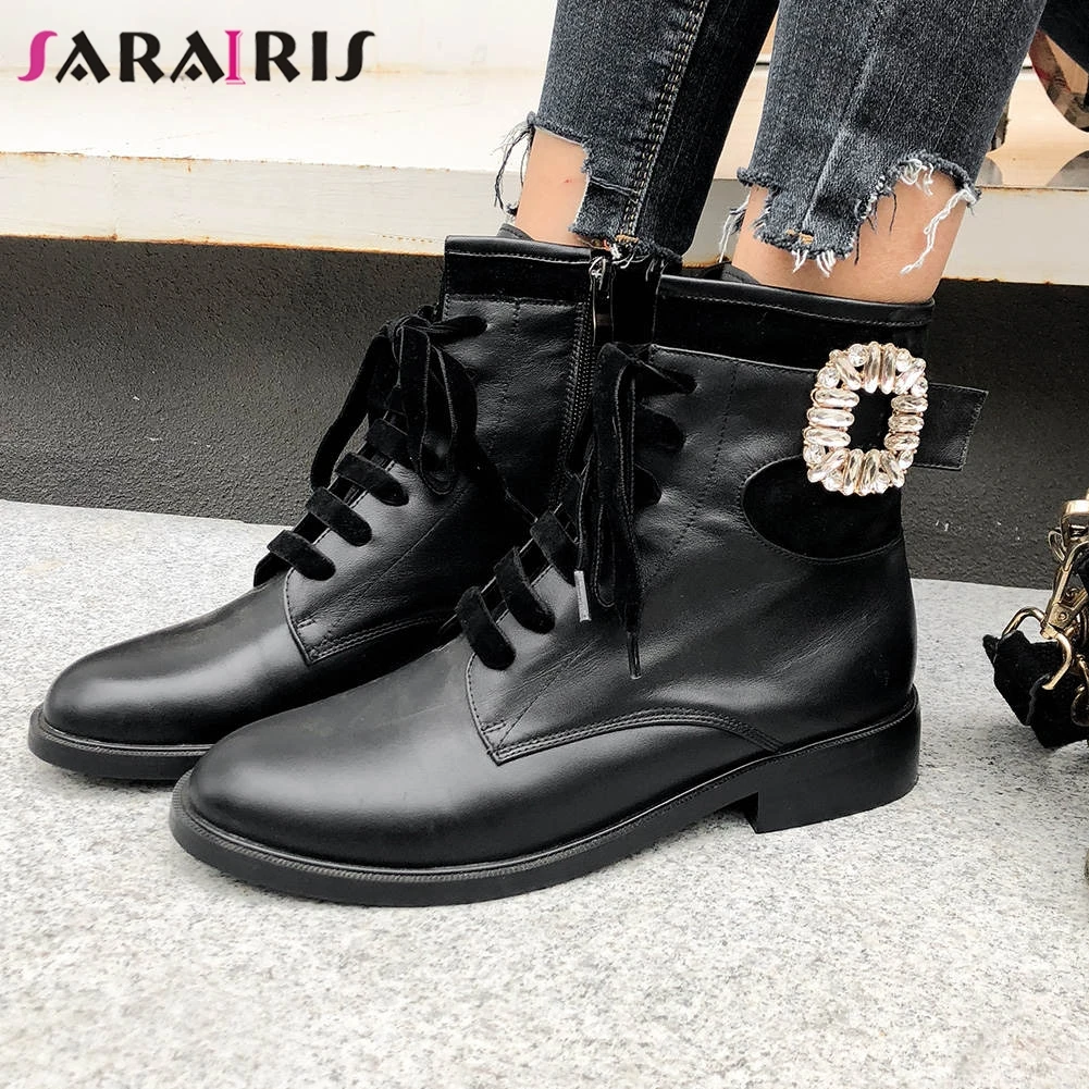 

SARAIRIS Brand Black Crystal Platform Booties Ladies Genuine Leather Ankle Boots Women 2020 Low Heels Decorating Shoes Woman
