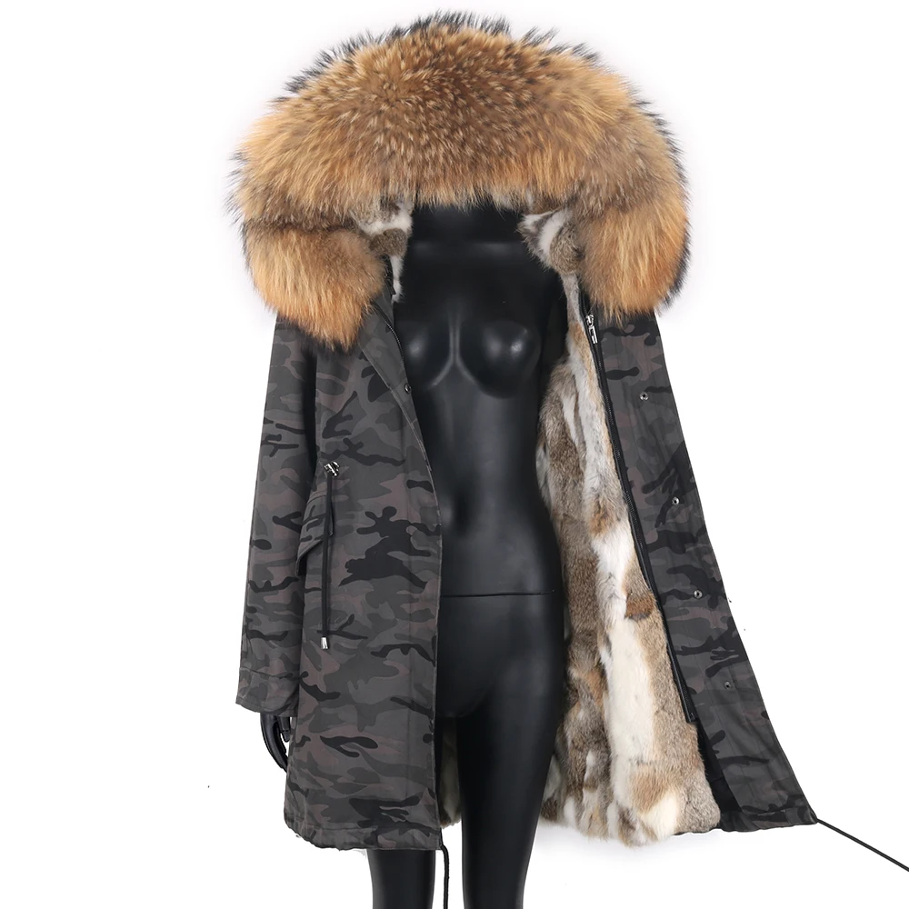 Rabbit Fur Coat With Hooded Women's Fur Thick Jacket With Raccoon Fur Collar New 