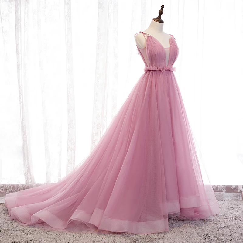 SSYFashion/Новое Вечернее Платье С v-образным вырезом, длина до пола, тюль, розовый цвет, вечерние платья Vestido De Noche, Платья для особых случаев
