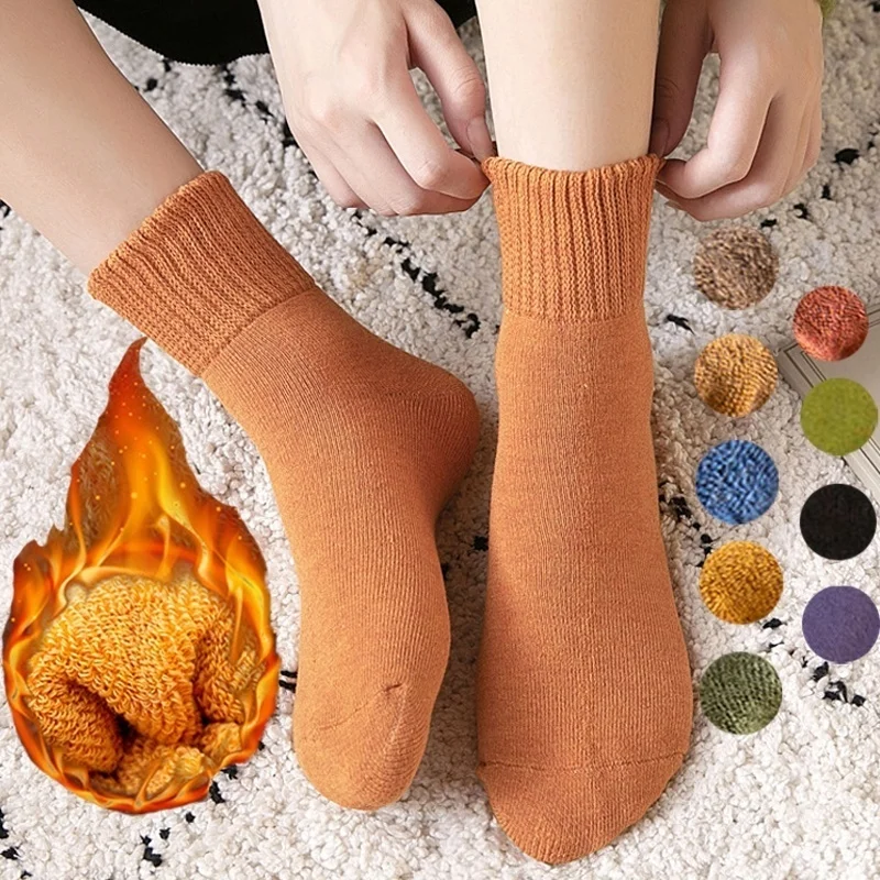 1 пара новых зимних толстых теплых шерстяных махровых полотенец, женские носки, винтажные рождественские однотонные носки, цветные носки, подарок, свободный размер