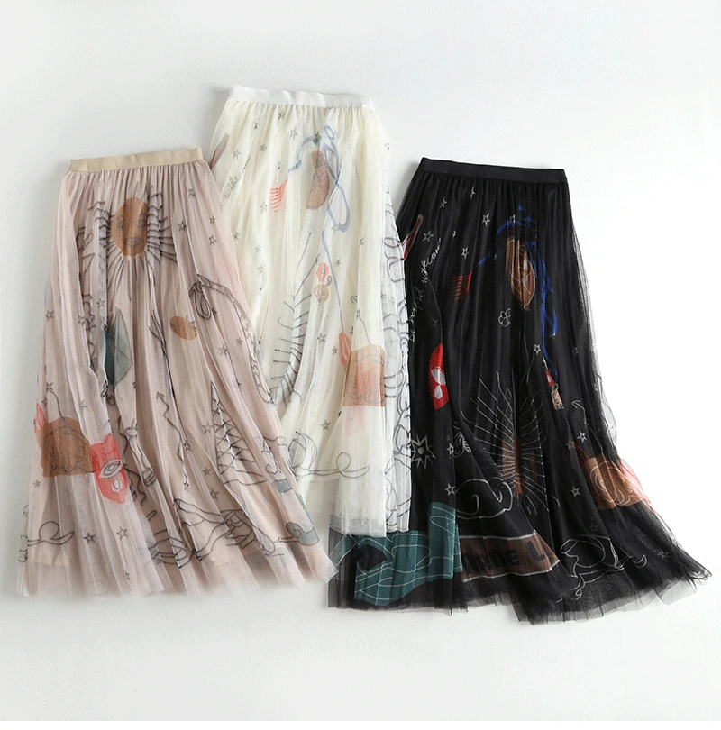 

High Waist A-line Printed Mesh Skirt Pleated Skirt Mid-length Tulle Skirt Women