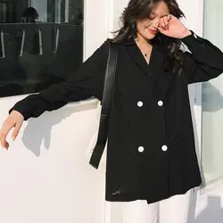 DEAT черный длинный рукав двубортный вырез вышивка дамы офисный Блейзер Куртка простая Мода 2019 осеннее пальто новый TD104