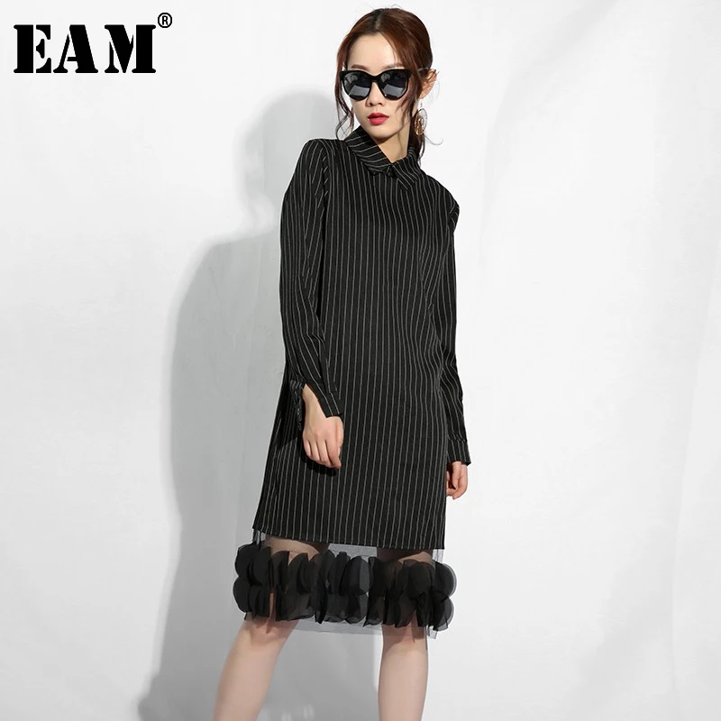 

[EAM] 2019 New Spring Summer Lapel Long Sleeve Striped Printed Hem Mesh Ruffles Split Joint Shirt Dress Women Fashion 4L005