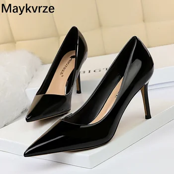 

European and American simple women high heels fashion pointed Toe sexy shallow mouth female Pumps leather women's shoes