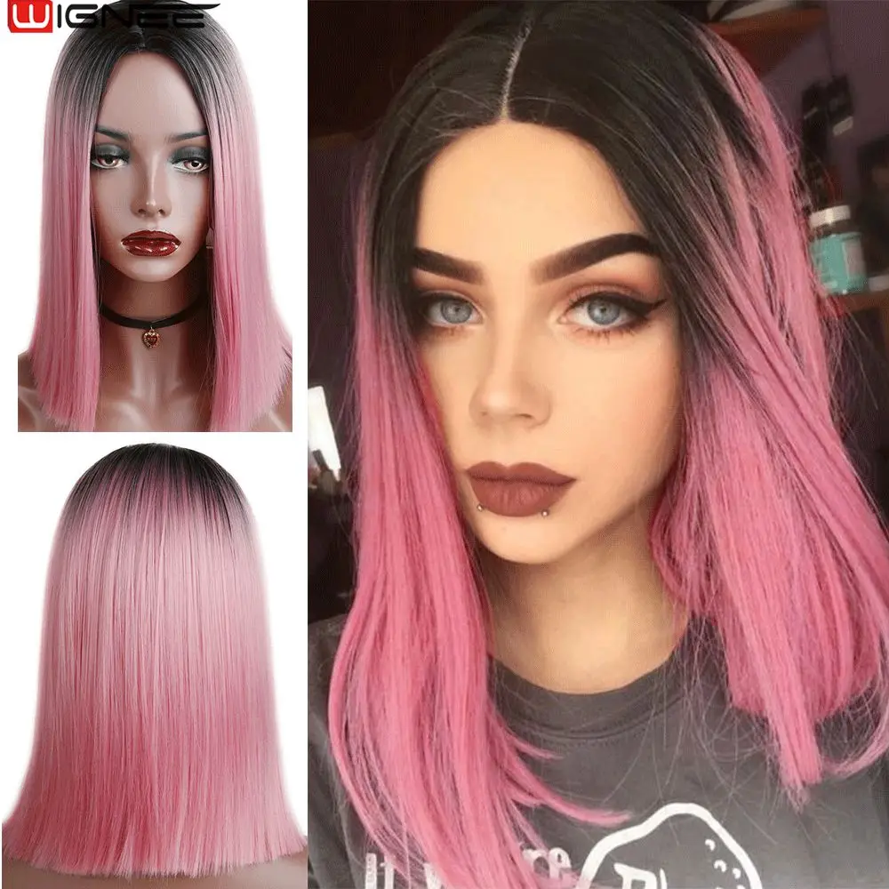 

Wignee 2 Tone Ombre Pink Synthetic Wig for Women Middle Part Short Straight Hair High Temperature Hair Heat Resistant Hair Wigs