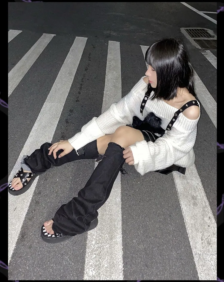 Karrram Harajuku Gothic Knitted Sweaters Punk Girls Cross Off Shoulder Loose Sweater Outwear Autumn Winter Streetwear Emo Grunge