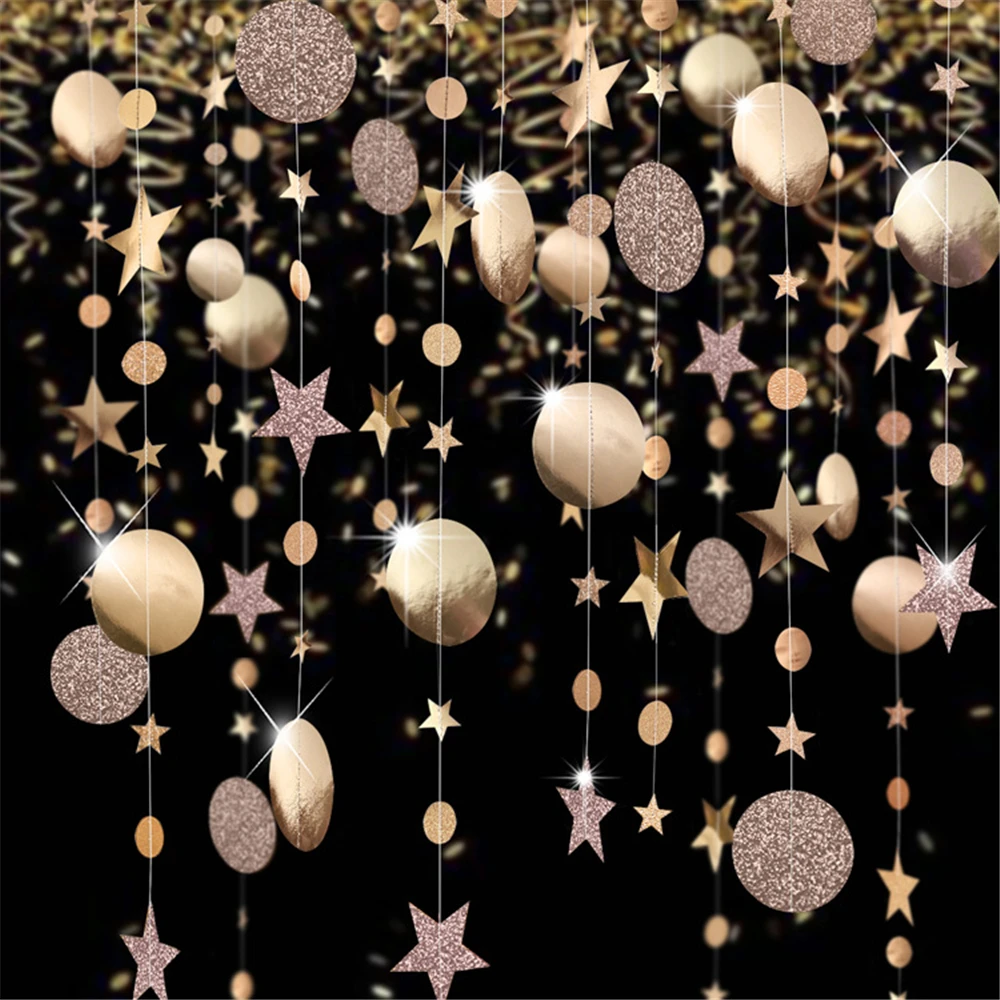 

4m Curtain Champagne Stars Round Mirror Wedding Birthday Party Decor Glitter Powder Banner Hanging Flag Paper Garland Rose Gold