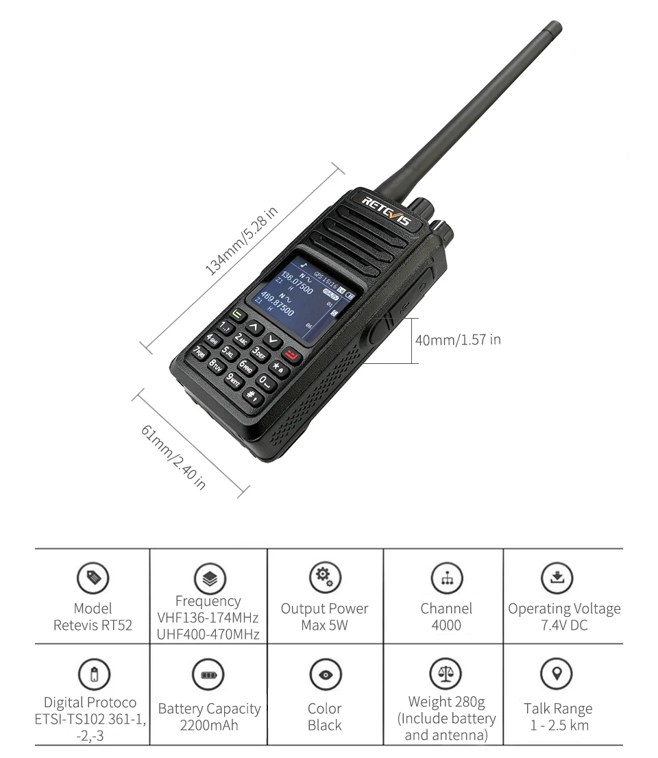 Retevis RT52 Digital Dual Band GPS DMR Radio Walkie Talkie VHF UHF Dual PTT Up to 4000 Channels Two Way Radio Portable Retevis RT52 Digital Dual Band GPS DMR Radio Walkie Talkie VHF UHF Dual PTT Up to 4000 Channels Two Way Radio Portable