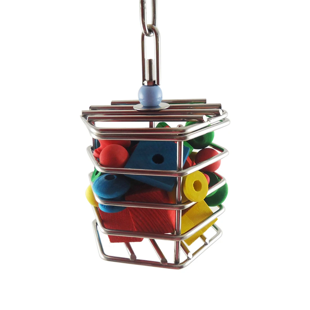 cage and blocks Pet Bird Parrot Cage Parrot Hunt Entertainment Toys Stainless Steel Food Hanging Cage Parrot Foraging Blocks Toy - Цвет: cage and blocks