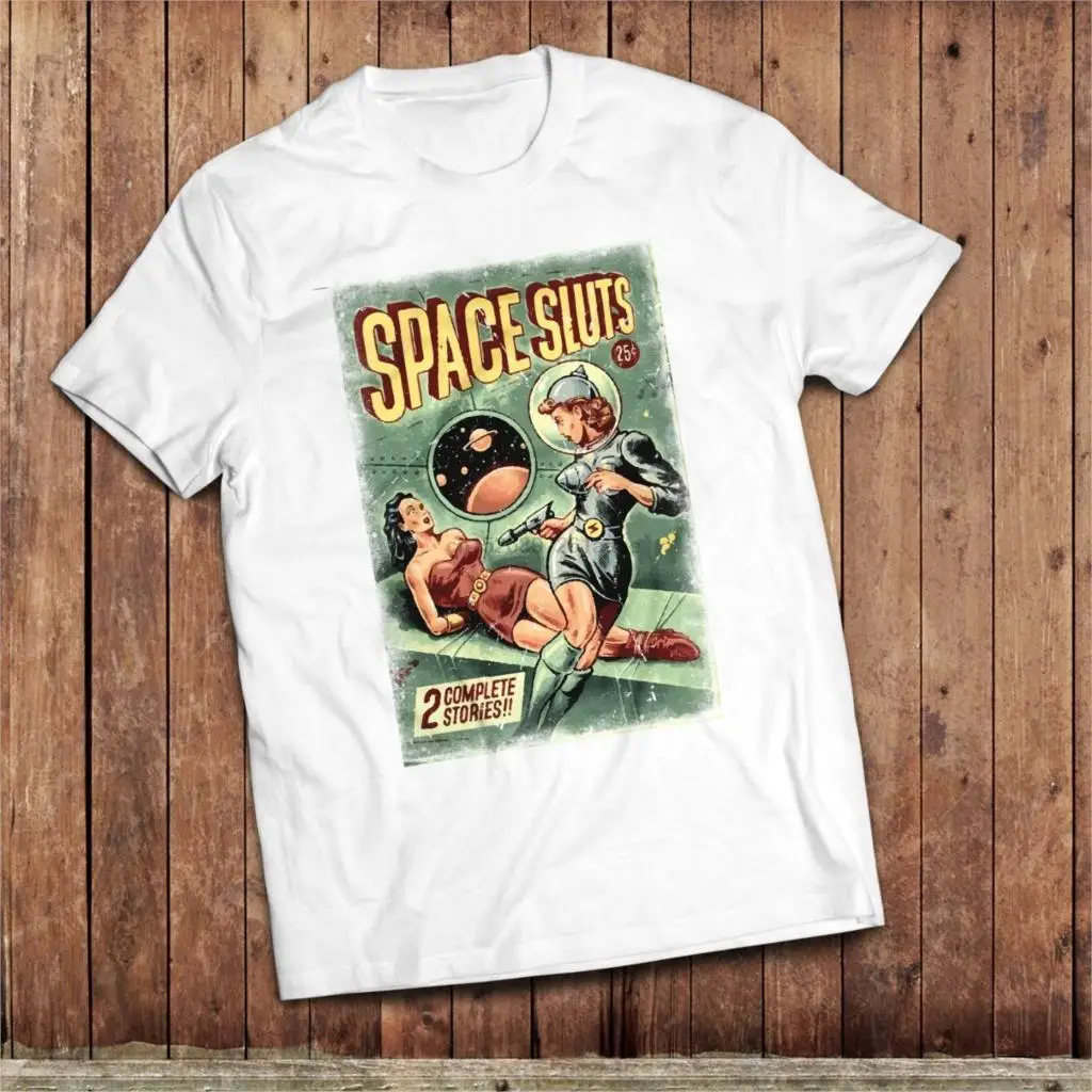 

Retro Science Fiction T-Shirt Space Sluts Pulp Cover Amazing Stories sci fi Cartoon t shirt men Unisex New Fashion