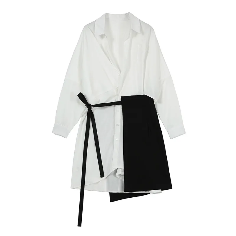 

New France Style Vintage Dress Women Autumn Winter Lapel Long Sleeve Loose Bandage Split Joint Two Piece White Shirt Dress