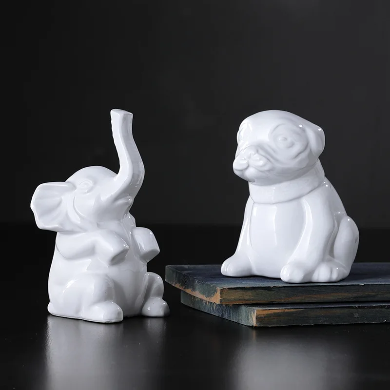 

Pure Whte Ceramic Elephant Dog Figurines Cute Desk Home Decor Little Animal Sculpture Adornment Quality Porcelain Craft Gift
