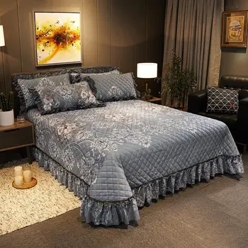 

41Gray European Printing Lace Thick Quilted Fleece Velvet Flannel Bedspread Bed Cover Bed Sheet Blanket Pillowcases 3pcs