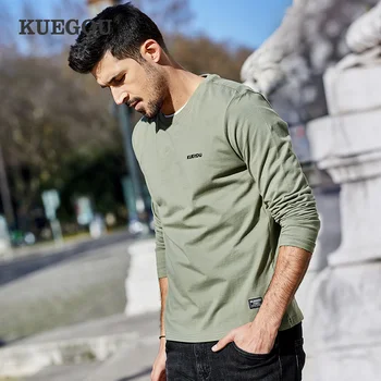 

KUEGOU BrandMen's long sleeve T shirt 2020 Spring Autumn Simple fashion round collar printed cotton Tshirt Tops ZT-7774