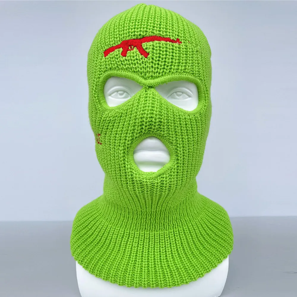 Fashion Embroidery AK47 Gun Balaclava Ski Face Mask Full Face Cover Ski Mask Double Thermal Knitted Hat for Winter Outdoor Sport mens skully hat