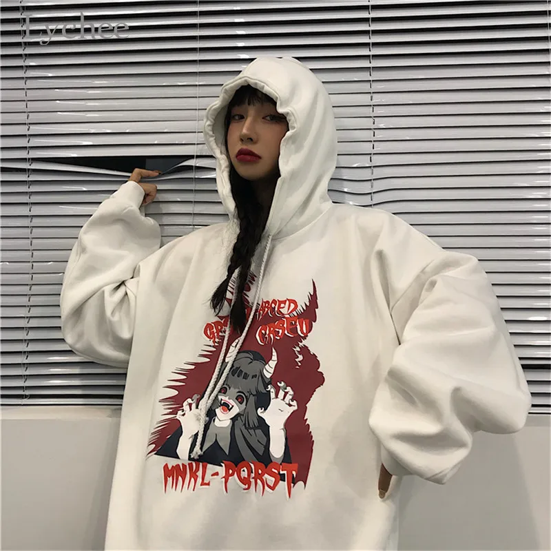 Lychee Harajuku Dark Character Letter Women Fleece Hooded Sweatshirts Spring Autumn Winter Lady Tops Casual Loose Female Hoodies - Цвет: grey girl