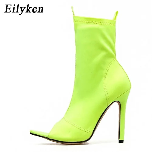 Green Eilyken/модные флуоресцентные зеленые женские ботильоны; сезон осень-зима; черные ботинки с открытым носком на высоком каблуке; туфли-лодочки с открытым носком; женская обувь - Цвет: Green