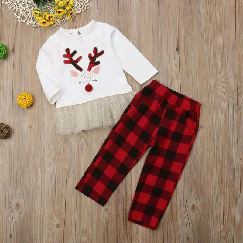 Модные милые рождественские топы-пачки с сеточкой и рисунком оленя для маленьких девочек+ красные длинные штаны в клетку комплект одежды из 2 предметов, костюм