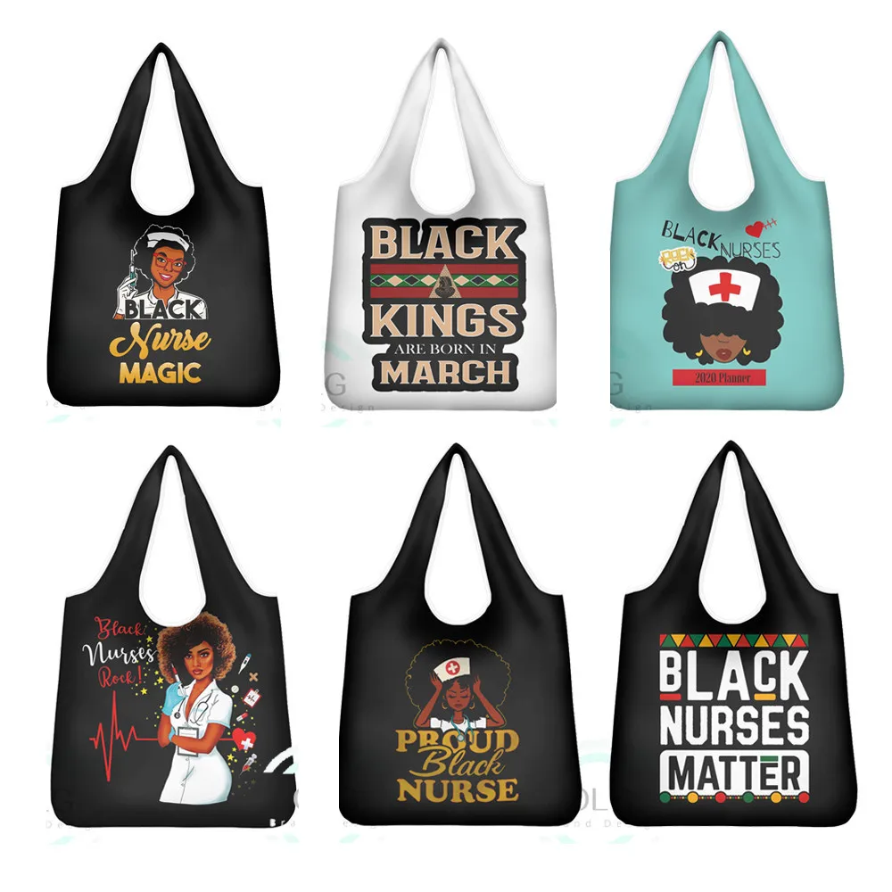 

Afro Black Nurse Lady Girls Printed Reusable Shopping Bag Women Foldable Grocery Storage Bags Large Casual Totes Bag 2020