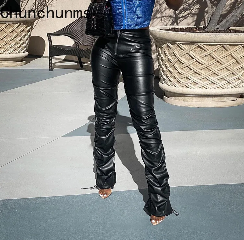 Pantalones largos de cuero de poliuretano plisado con cordón, ropa de calle de tendencia, prendas de vestir ajustadas, ropa de calle, trajes rectos