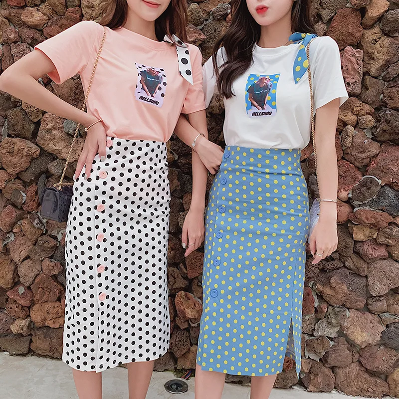 

2019 Summer Wear New Style Korean-style Printing Short-sleeved T-shirt + Polka Dot Skirt Two-Piece Set WOMEN'S Suit