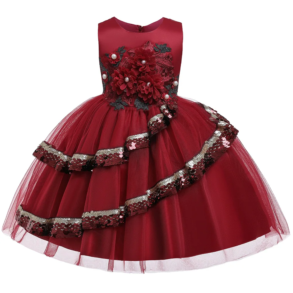 Платье принцессы для девочек; костюм винного цвета для девочек; новогоднее, рождественское, праздничное платье для девочек; торжественные платья для выпускного вечера; одежда с цветочным узором для девочек-подростков - Цвет: D1840-WineRed