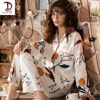 

Women's Pajamas Cotton Printed Korean Style Long Sleeve Spring and Autumn Two Piece Set Sweet Cardigan Home Clothing Pajamas Set