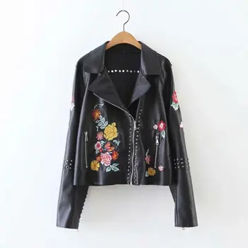 

women autumn pu leather jacket 2019 fashion girls ladies embroidery rivet zipper elegant female winter autumn cool biker jackets